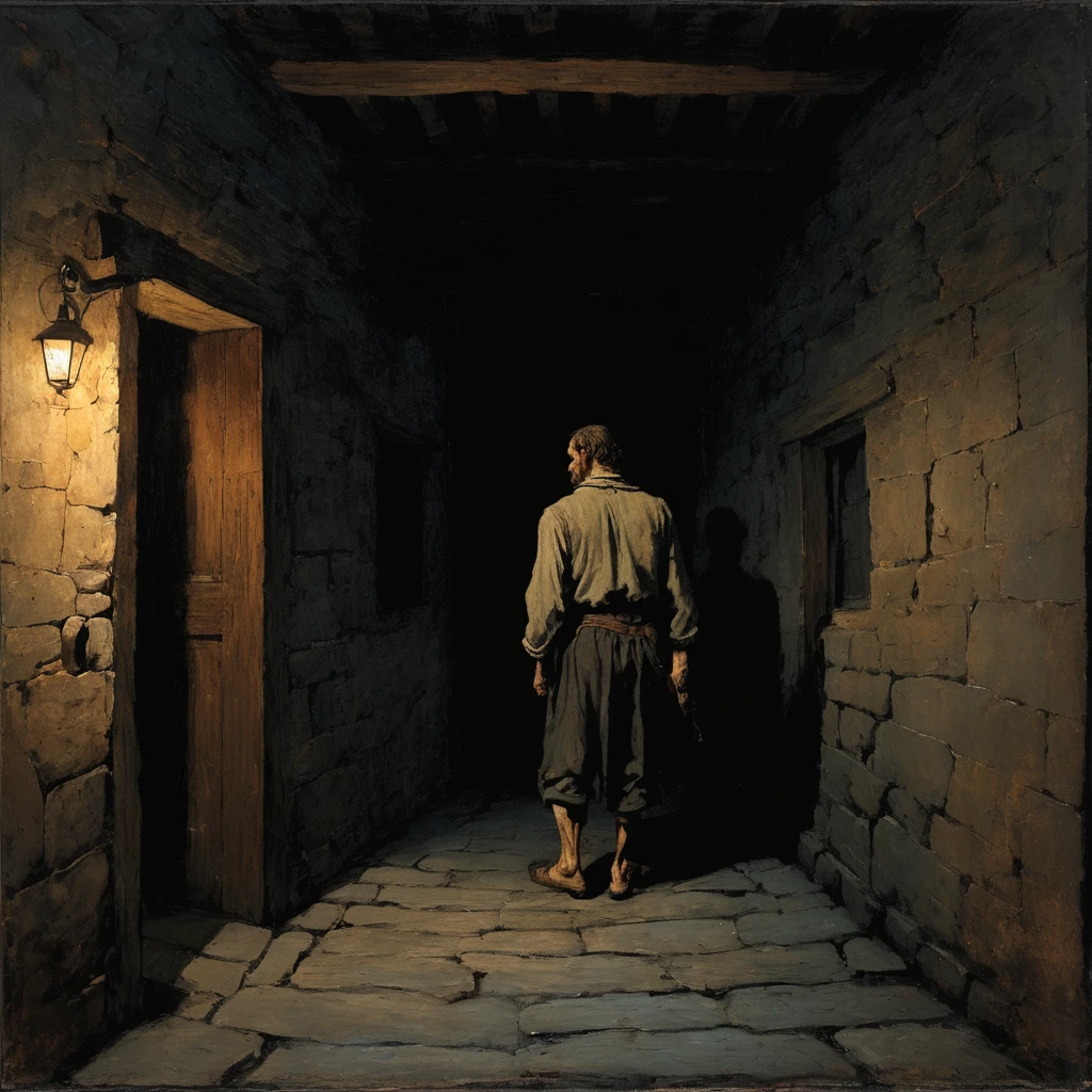 NIGHT TIME DARK view from behind  15th century  sweaty man  Winslow Homer Style, oil painting, 15th-century loser with greasy, shoulder-length hair and a patchy,scrawny , scraggly beard. His eyes are sunken with dark circles, and his clothes are tattered, stained, and hang loosely on his bony frame. neglected, unkempt appearance. walking down a dark hall way with a door at the end of it candle night timeA narrow, dimly lit stone hallway with worn cobblestone floors. Faded tapestries line the cold stone walls, depicting ancient battles. Flickering candle sconces cast long, eerie shadows. The air is thick with the scent of old wood and damp stone. The ceiling is low with darkened wooden beams overhead. At the end, a weathered oak door with iron hinges creaks ominously, the handle smooth from years of use, set in a slightly crooked doorframe. The atmosphere is heavy and oppressive, filled with a sense of foreboding.