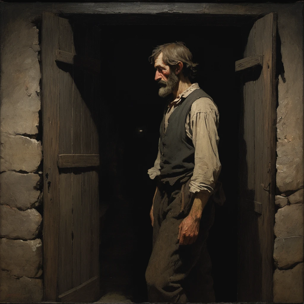 NIGHT TIME DARK view from behind 15th century sweaty man Winslow Homer Style, oil painting, 15th-century loser with greasy, shoulder-length hair and a patchy,scrawny , scraggly beard. His eyes are sunken with dark circles, and his clothes are tattered, stained, and hang loosely on his bony frame. neglected, unkempt appearance. walking down a dark hall way with a door at the end of it candle night timeA narrow, dimly lit stone hallway with worn cobblestone floors. Faded tapestries line the cold stone walls, depicting ancient battles. Flickering candle sconces cast long, eerie shadows. The air is thick with the scent of old wood and damp stone. The ceiling is low with darkened wooden beams overhead. At the end, a weathered oak door with iron hinges creaks ominously, the handle smooth from years of use, set in a slightly crooked doorframe. The atmosphere is heavy and oppressive, filled with a sense of foreboding.