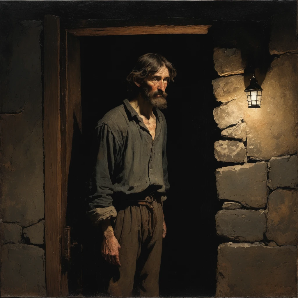 NIGHT TIME DARK view from behind 15th century sweaty man Winslow Homer Style, oil painting, 15th-century loser with greasy, shoulder-length hair and a patchy,scrawny , scraggly beard. His eyes are sunken with dark circles, and his clothes are tattered, stained, and hang loosely on his bony frame. neglected, unkempt appearance. walking down a dark hall way with a door at the end of it candle night timeA narrow, dimly lit stone hallway with worn cobblestone floors. Faded tapestries line the cold stone walls, depicting ancient battles. Flickering candle sconces cast long, eerie shadows. The air is thick with the scent of old wood and damp stone. The ceiling is low with darkened wooden beams overhead. At the end, a weathered oak door with iron hinges creaks ominously, the handle smooth from years of use, set in a slightly crooked doorframe. The atmosphere is heavy and oppressive, filled with a sense of foreboding.