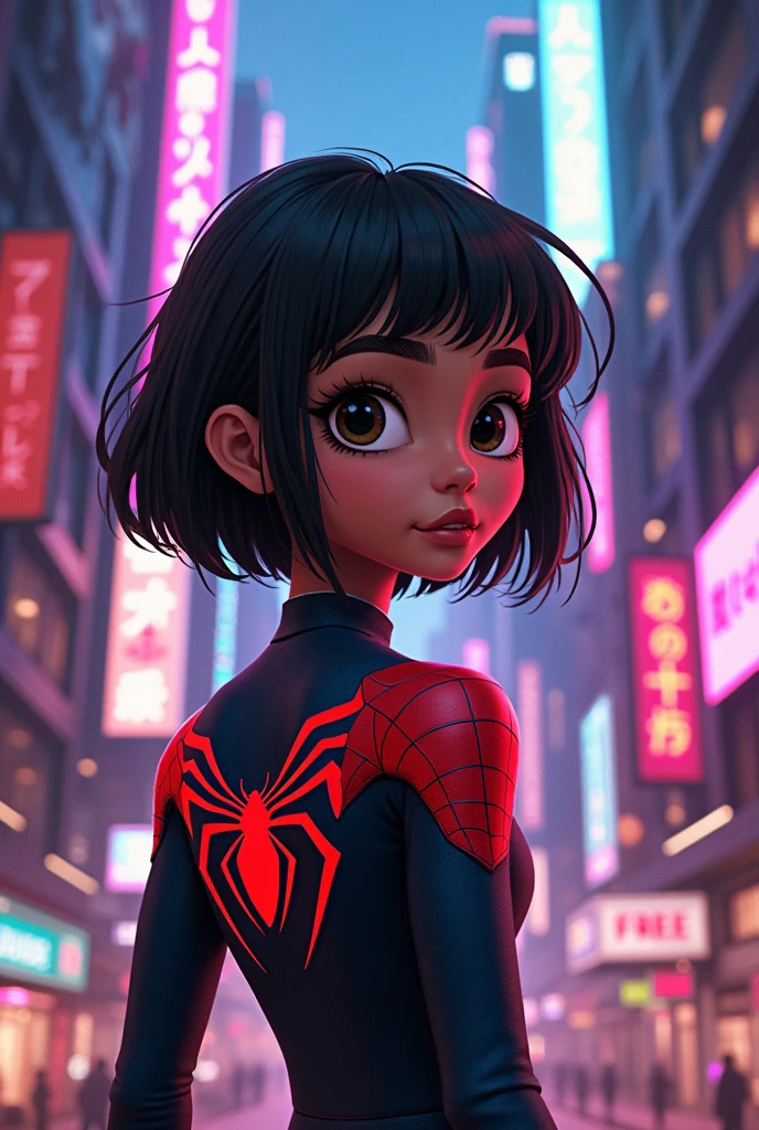 a brown girl with black eyes and short straight hair with bangs with red highlights on the back of her neck in the spiderverse
