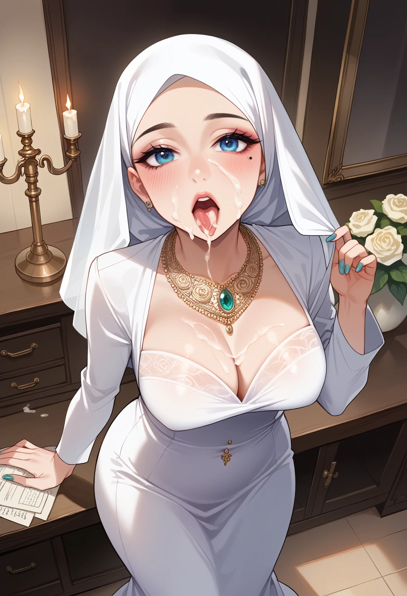 An arabic woman, milf, with big natural breasts, big rounded ass, wide open mouth, wear silk hijab, wedding mini dress, major cleavage, polished nails in rose, belly piercing، body tattoos, In a softly lit dressing room, a bride sits in front of an ornate vanity mirror, surrounded by a calm and focused atmosphere as she prepares for her wedding. The room is cozy, with cream-colored walls adorned with delicate floral patterns, and the scent of fresh flowers fills the air. The bride, wearing a satin robe that gently drapes over her shoulders, adjusts her hijab with care. The soft, elegant fabric of the hijab is a shimmering ivory that perfectly complements her glowing complexion.

Her makeup artist works with careful precision, applying a soft layer of foundation to enhance her natural beauty. The bride’s eyes are gently closed, her expression serene as she anticipates the day ahead. The makeup artist applies a subtle shimmer to her eyelids, enhancing her eyes' natural radiance. Her lips are painted a soft rose, matching the blush that warms her cheeks.

On the vanity table, a collection of beauty products is neatly arranged—luxurious makeup palettes, elegant perfume bottles, and a small crystal vase holding a single white rose. The light from a chandelier above casts a gentle glow over everything, adding to the intimate and tranquil mood of the room.

Her hijab is already perfectly styled, framing her face with graceful folds and adorned with a delicate, sparkling pin that adds a touch of elegance. Nearby, her wedding dress hangs on a vintage wooden hanger, its intricate lace and flowing fabric waiting to be worn. Bridesmaids, also in robes, flutter around, offering words of encouragement and small touches of assistance, whether it's adjusting her hijab or handing over a piece of jewelry.
tongue is out, her face and breasts full of cum, bukkake, Shot from above, dramatic lighting, rin light coming from top, sexy scene.