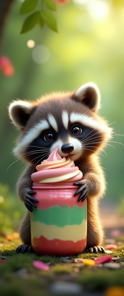 A whimsical, conceptually designed photo of a fluffy baby raccoon holding a 3D render of a delectable gelato jar. The raccoon's big, curious eyes and soft, fluffy fur draw the viewer in, while its adorable expression hints at the joy of indulging in the gelato. The gelato jar is a masterful work of art, with vibrant layers of emerald green, velvety white, and crimson-red gelato, creating a striking visual contrast. The transparent jar glows with an irresistible radiance, enticing the viewer to imagine the taste of the sweet treat. The seamless blend of photography, conceptual art, and 3D rendering creates a captivating and enchanting scene., photo, 3d render, conceptual art