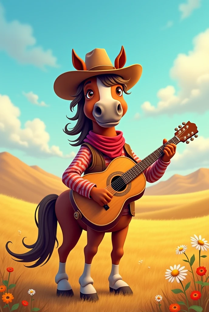 A brown country singer horse with a guitar, cowboy hat and cowboy outfit