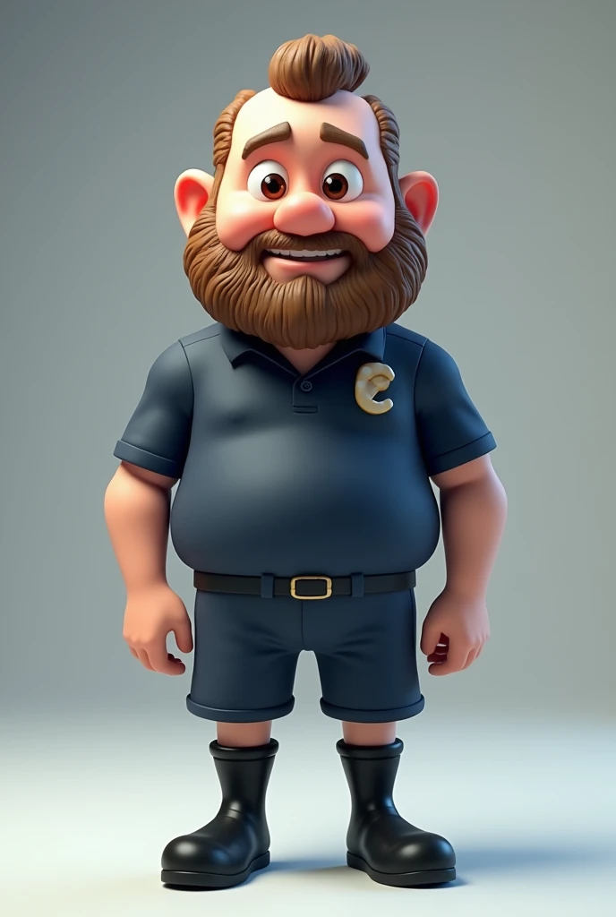 Create a 3D adult mascot old man with a 30-year-old appearance, beard, light brown, thin, with a slightly thin face and a slightly thin chin, with brown eyes, of average height, in a dark blue uniform, without logo, without details, with black boots. , and also with curly, short hair and a bit bald with a slightly thin nose