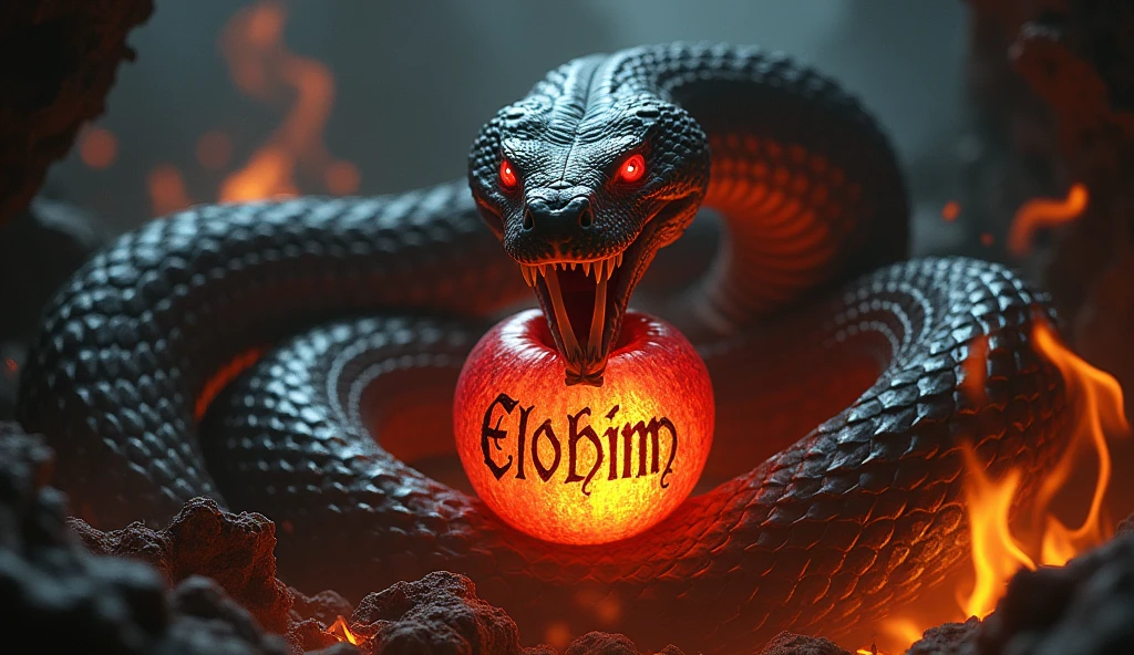 a large python snake with its mouth open, attempting to attack, looking ahead, The snake's tail is wrapping around a glowing apple., in the midst of an intense darkness of hell, surrounded by much fire, The apple has letters written on it that say Elohim, The python snake staring with red eyes, moving darkly., The snake has its mouth open.