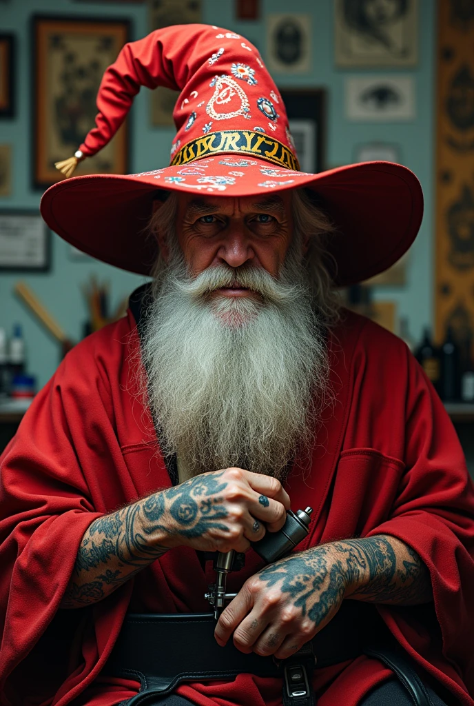 Create an anime character like an old male with a mean face holding a tattoo machine for a tattoo studio logo. His name is Wizard, he wears red clothes and has tattoos. The image is only from the chest up. , He has a big red anime wizard hat, 

