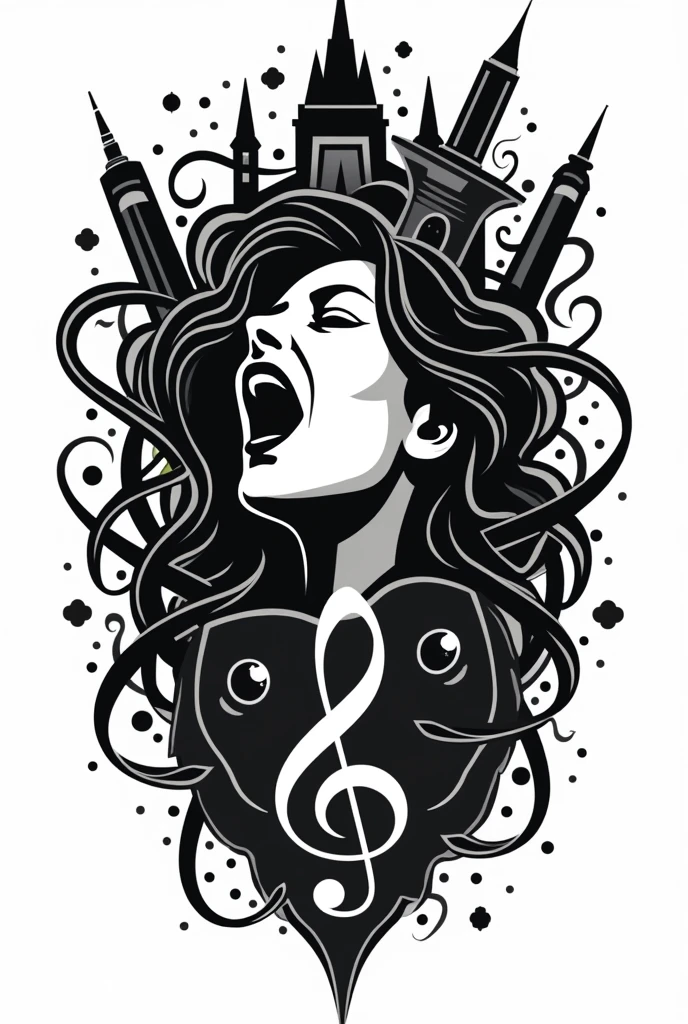 Create a black and white stamp logo
Pen
Painting palette
Theater mask
Film
Symbols of architecture
Screaming of female face and the treble clef