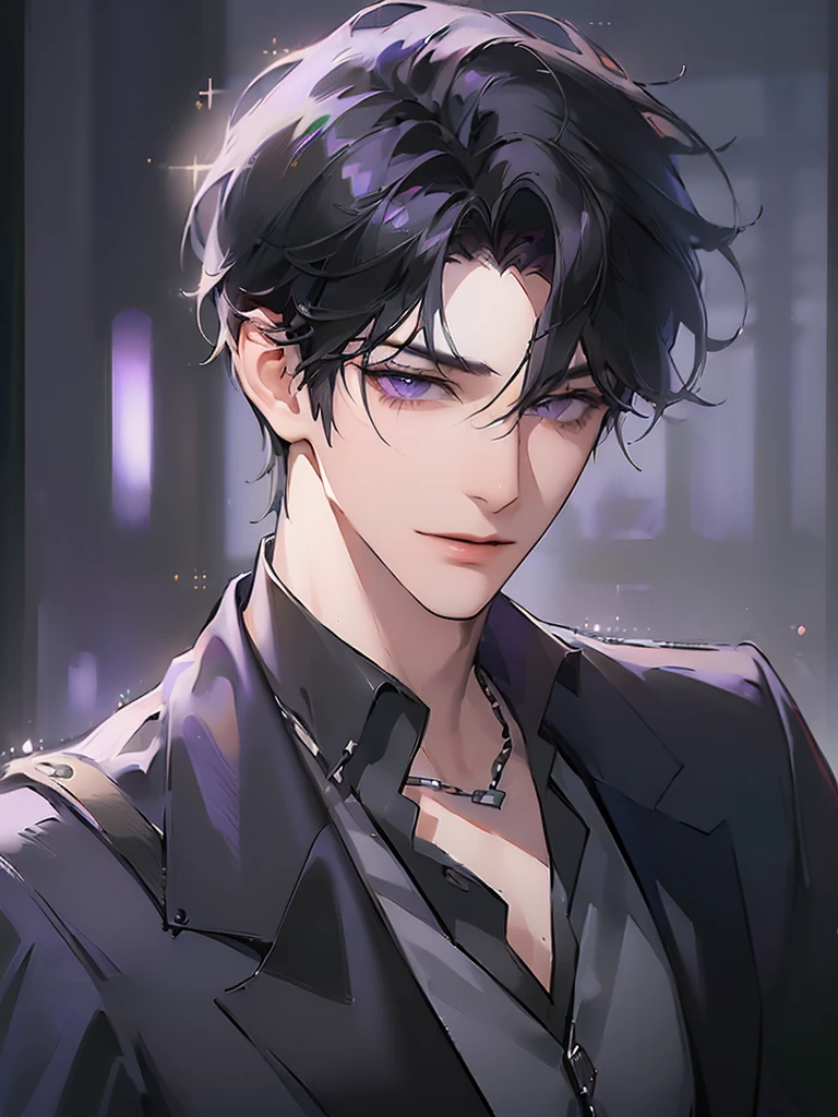 (masterpiece, 8k, high quality, best quality:1.6), 1boy, solo, short hair, black hair, asymmetrical fringe, purple eyes, handsome, sharp eyes, (mature male, mature:1.2), male focus, fashionable, tucked in open purple collared shirt, gray pants, necklace, close up, smile, long eyelashes, soft shadows, perfect anatomy