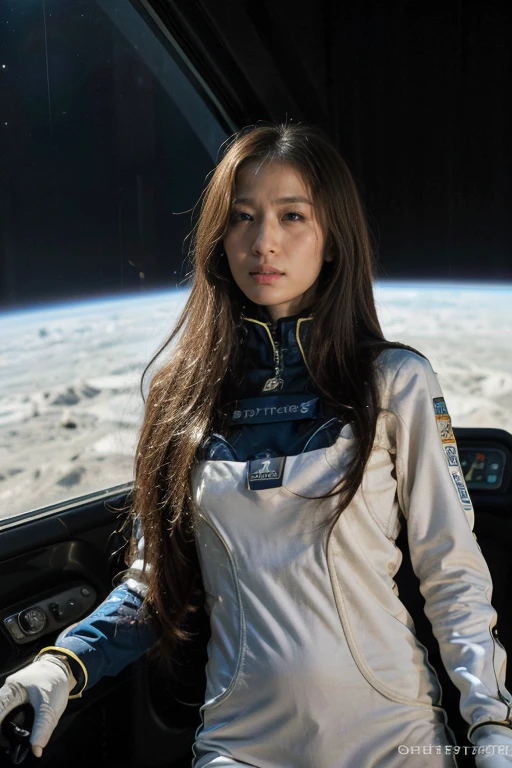 Spacecraft里，(best quality, masterpiece, 超high resolution),((Original Photography:1.3))， (Reality: 1.3), RAW photos, ridiculous，Dramatic，Mechanical background, Spacecraft，A woman，(((Tight spacesuit)))，Full body portrait，Space movie stills，best quality, Dramatic, (Realistic photos:1.3), (High Detail Skin:1.2), 8k， Digital SLR Camera, high quality, high resolution, Optimal ratio, (Reality:1.3), Real face，Exquisite eyes，True skin texture，stunning beauty，Very detailed details of the face，long hair, Perfect body，Beautiful long legs，站在Spacecraft里，You can see the starry sky of the universe outside the window of the space station.，Spectacular space