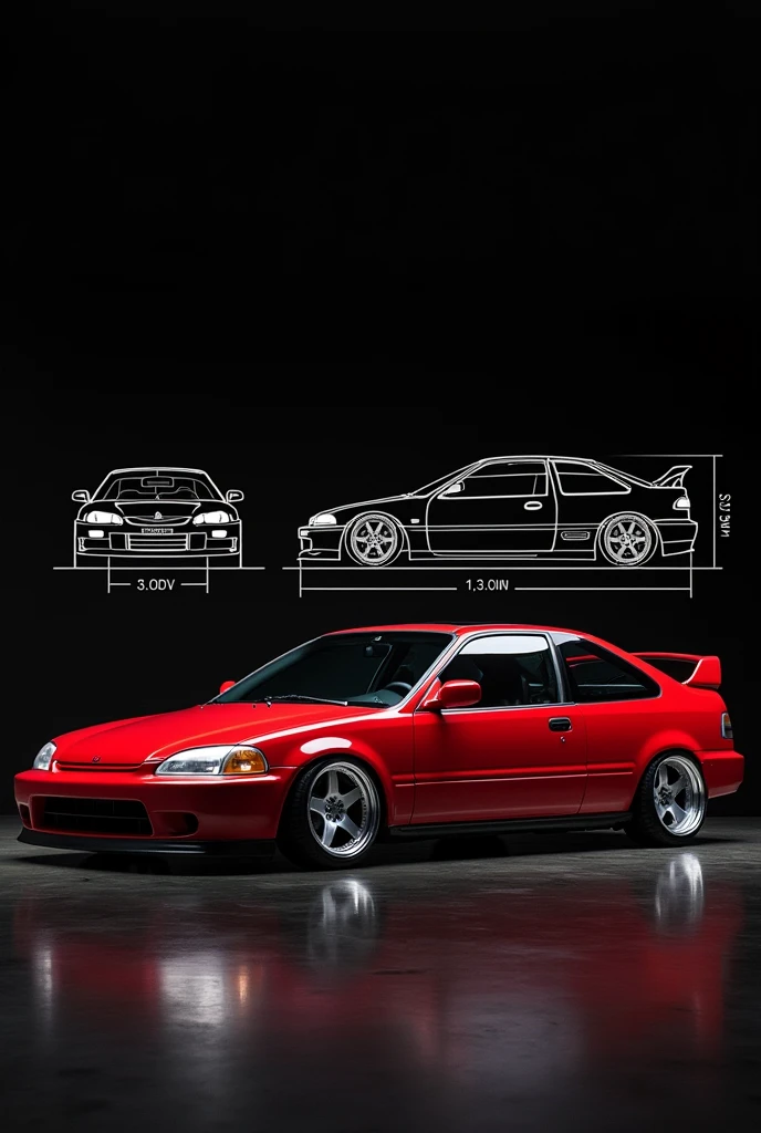 Create an image of a red 1996 Honda Civic Cup two-door.
With a futuristic black background with measurements of the Honda Civic's wheel.
In the upper left corner, the Honda Civic car with body measurements.
