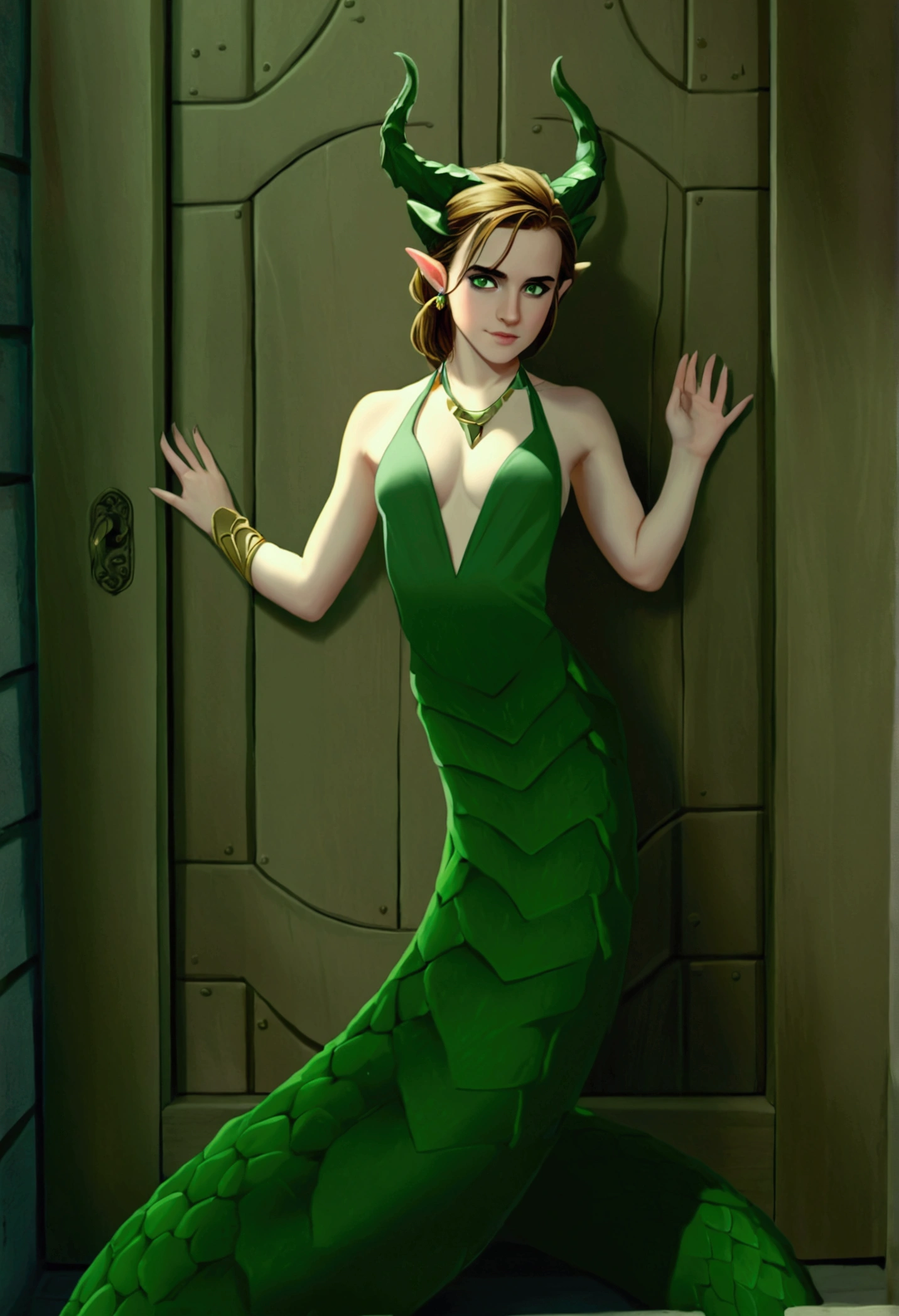 lamia, solo, Emma Watson, demon horns, pointy ears, demon girl, one hand holding doorframe, broken door, wooden door, one hand on hip, halter top, green scales 