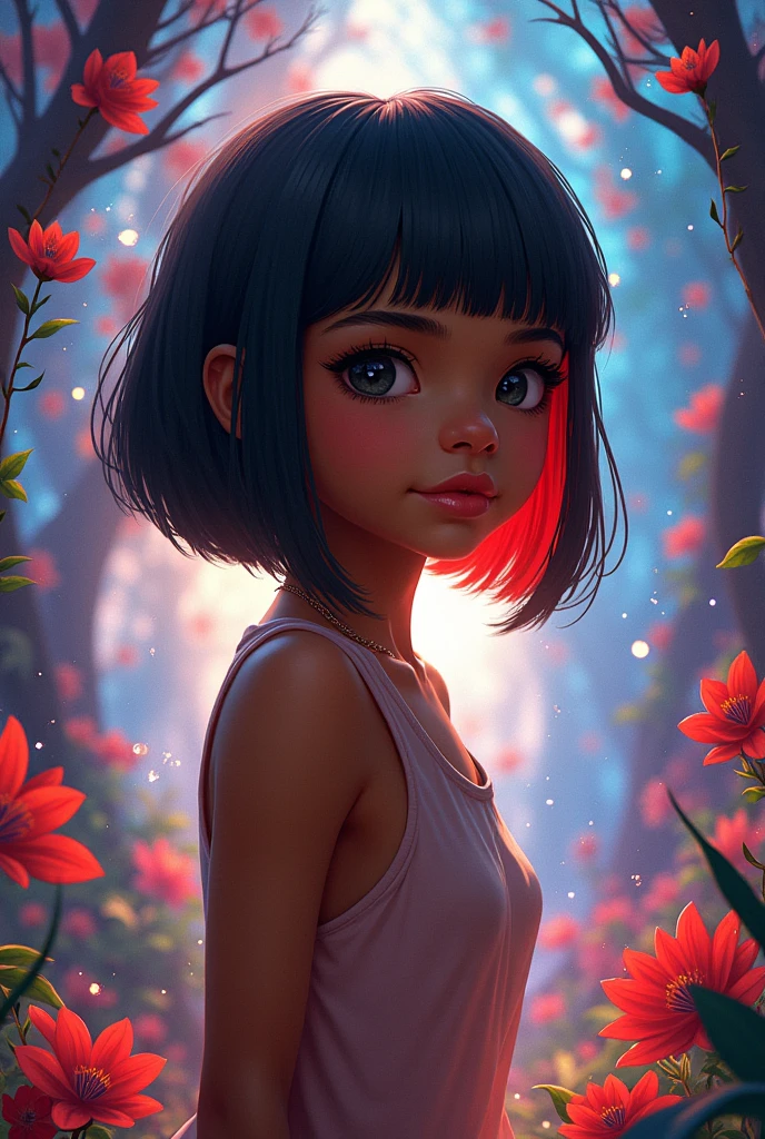 a brown girl with black eyes, short straight hair with bangs and red highlights on the back of her neck in the miranhaverso