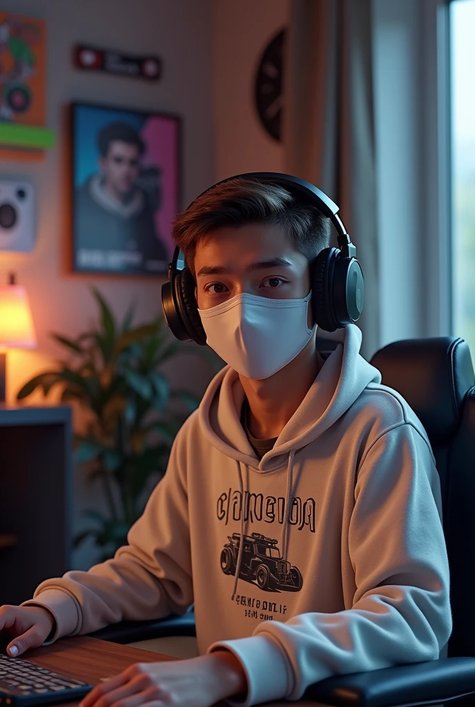 Create an ultra-realistic image of a 19-year-old male wearing a face mask. The young man should have a casual and modern look with short hair, clear skin, and a slight smile behind the mask. He is dressed in casual clothing, such as a hoodie or t-shirt, and the background should be like Sitting In His And Give Vibes Like YT Gammer. And His Must Be Down Like His Is Playing Game. The image should emphasize natural lighting, detailed facial features, and a soft focus on the mask.