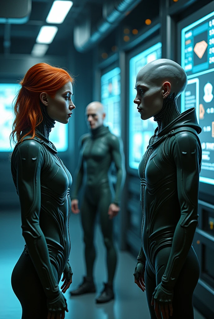Aliens test their camouflage suits, transforming into humans in a simulation.