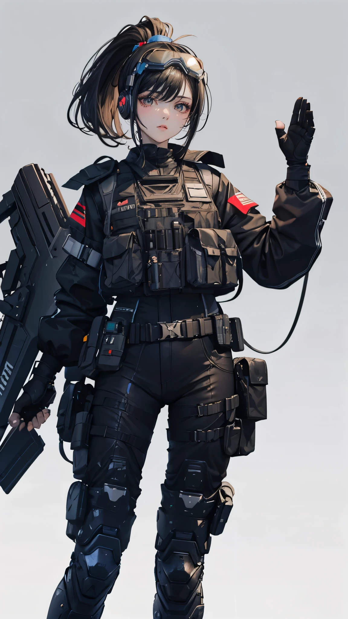 A handsome girl，22 years old，Tactical Vest，Tactical Headset，Tactical goggles，Blue and black combat uniform，Black hair，short hair，Brown eyes，Single ponytail，Black fingerless gloves，Intercom，Science fiction rifles，Attention, Salute！(Character Concept Diagram),White background，