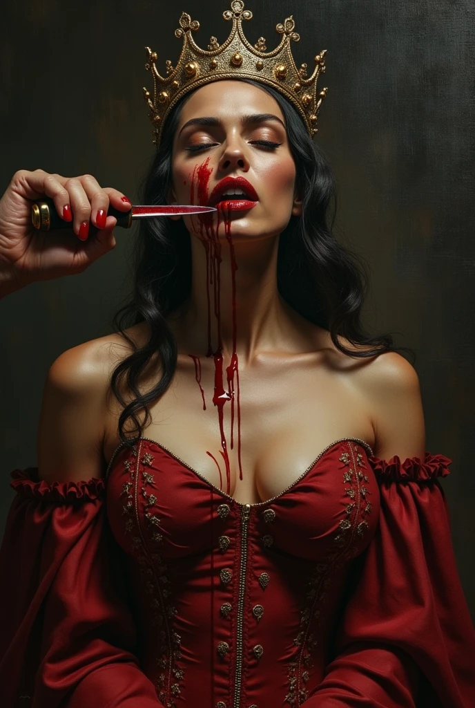 (best quality,8k,masterpiece,gore:1.2), medieval,ultra-detailed,oil painting,hyper realistic,expressive brushstrokes, Crowned female queen with large bust kneeling, looks like Salma Hayek, bloody barbarian man slits her throat with knife from behind her, bleeding, bloodied neck, dramatic lighting,chiaroscuro,dark moody atmosphere,gritty,gore,cinematic, (bloody throat slit:1.3), bloodstained breasts , close up