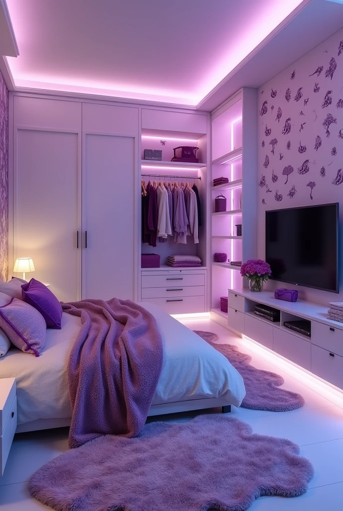 Cute purple theme bedroom with led light and closet and a flat screen tv