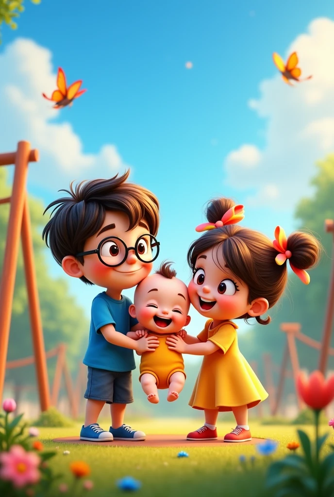 animated cartoon: a baby who has come out between a boy wearing glasses and a girl

