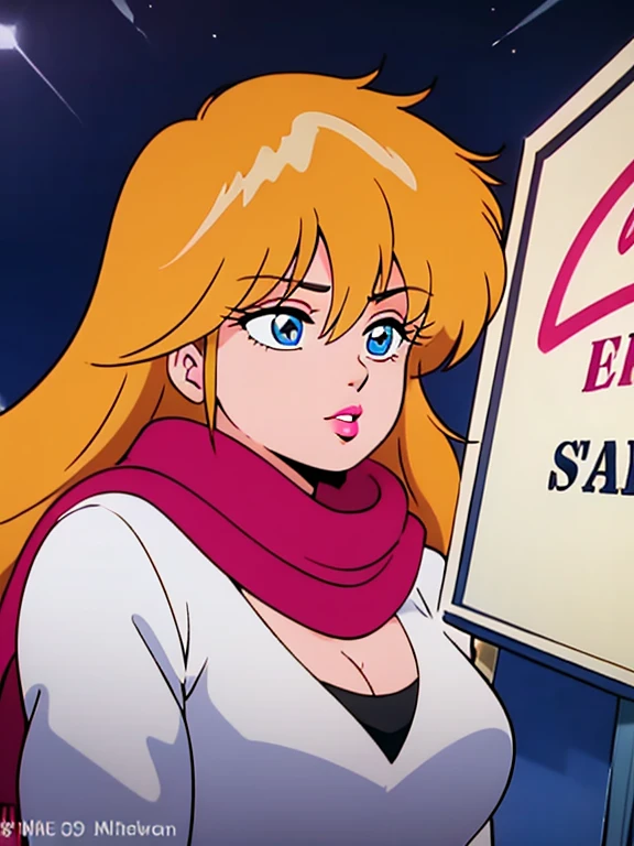 One person, Ahoge, bangs, Blonde, Throw kiss, blue eyes, blue scarf, brown scarf, Cleavage, Mouth closed, eyelash, face, Floating Hair, Hair between the eyes, heart, lips, lipstick, Long Hair, View your viewers, compensate, night null, nose, Close one eye, orange scarf, pink lips, pink scarf, Portraiture, Purple eyes, Realistic, red lips, red scarf, scarf, sign, 笑face, alone, null間, spoken heart, star (null), starry null, Upper Body, watermark, Yang Xiao Long, yellow scarf