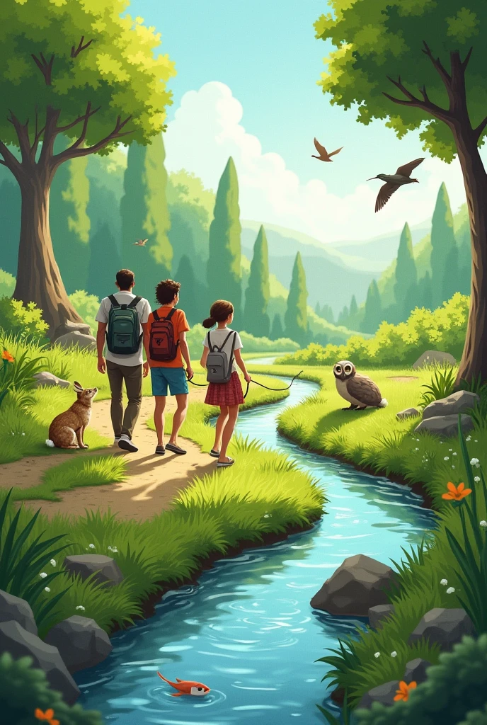 - une famille qui se promène avec un chien en laisse et qui écoute un guide qui explique
- un petit lapin dans un buisson qui semble écouter le guide
- dans le ciel il y a des oiseaux ( 1 hiboux semble écouter)
- le tout dans un paysage verdoyant avec un court d’eau qui passe une grenouille et un poisson qui cohabitent ) mais le tout se trouve dans un sentier balisé pour montrer que personne ne divague
