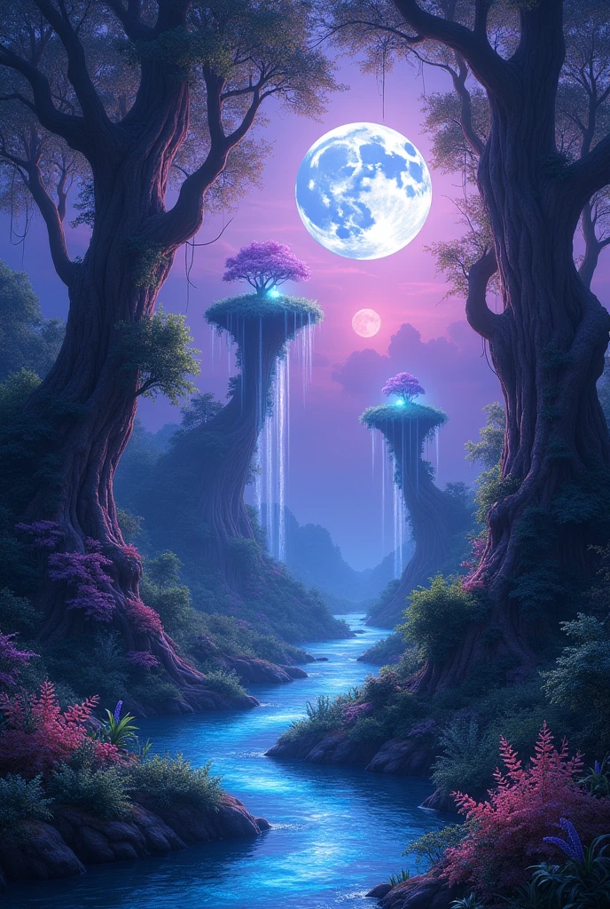 A mystical forest with towering, ancient trees covered in luminescent moss, with a glowing river flowing through the center. The sky is filled with swirling purple and blue clouds, and floating islands with cascading waterfalls hover above. A giant moon illuminates the scene, casting soft, ethereal light on the forest floor."