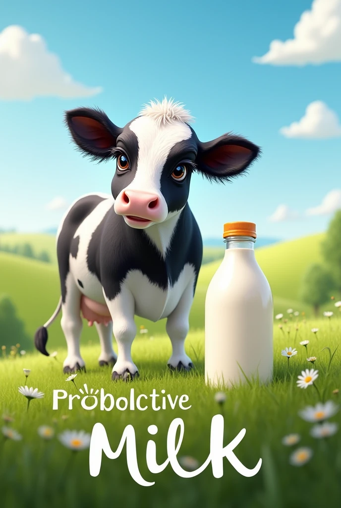 Cute black and white cow with long eyelashes with a bottle of milk underneath with the word ProbioActive in cursive