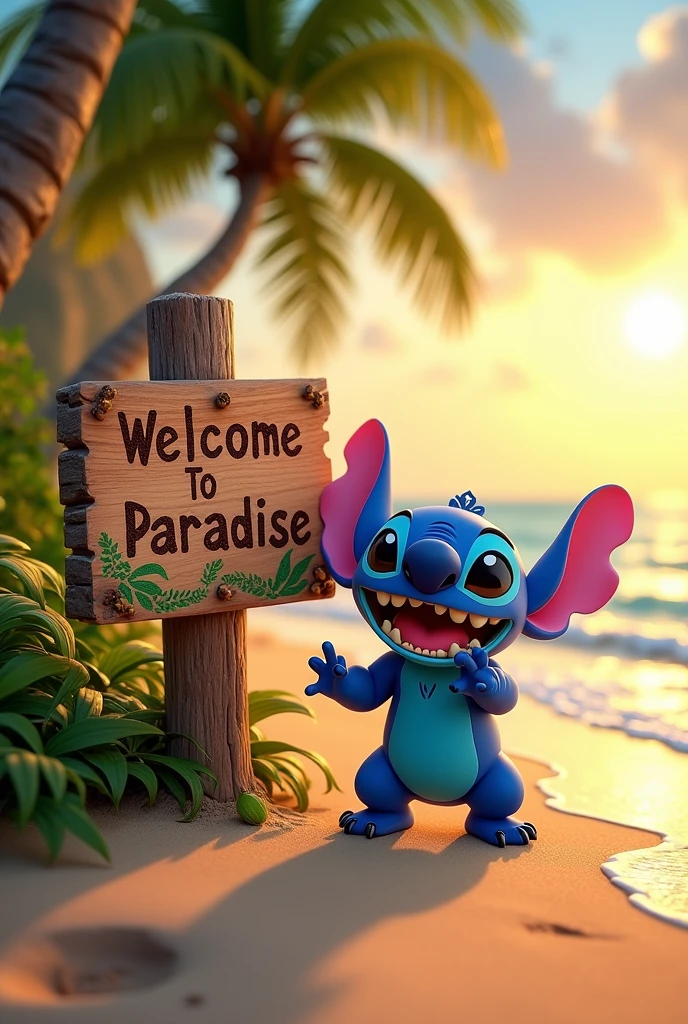 Create a 3D image of the Stitch drawing with a wooden sign, with a beach background