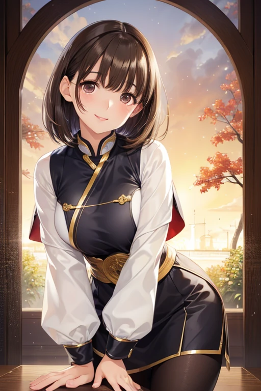 anegasaki nene、Shiny brown hair, short hair, (Beautiful brown eyes、Sparkling eyes, Fine grain)、smile、Ultra-detailed eyes、Highly detailed face, Highly detailed eyes,
(high quality, High resolution, The finer details), Anime, Short hair with bangs, Big Tights, Narrow waist, Wearing a Vietnamese uniform