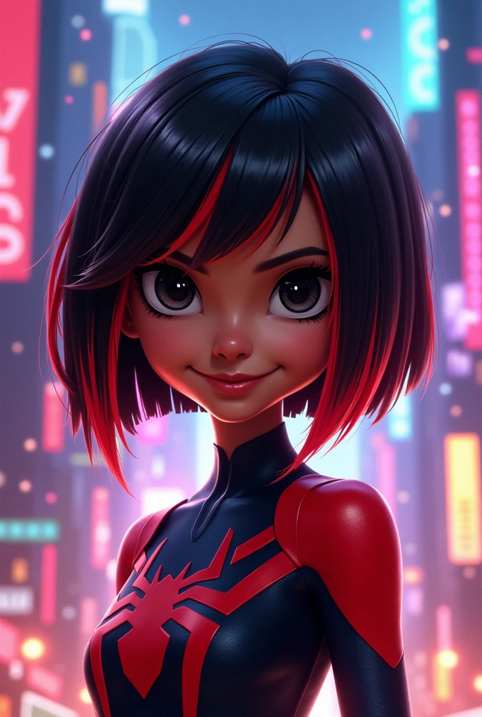 a brown girl with black eyes and short straight hair with bangs with red highlights on the back of her neck in the Spiderverse comics
