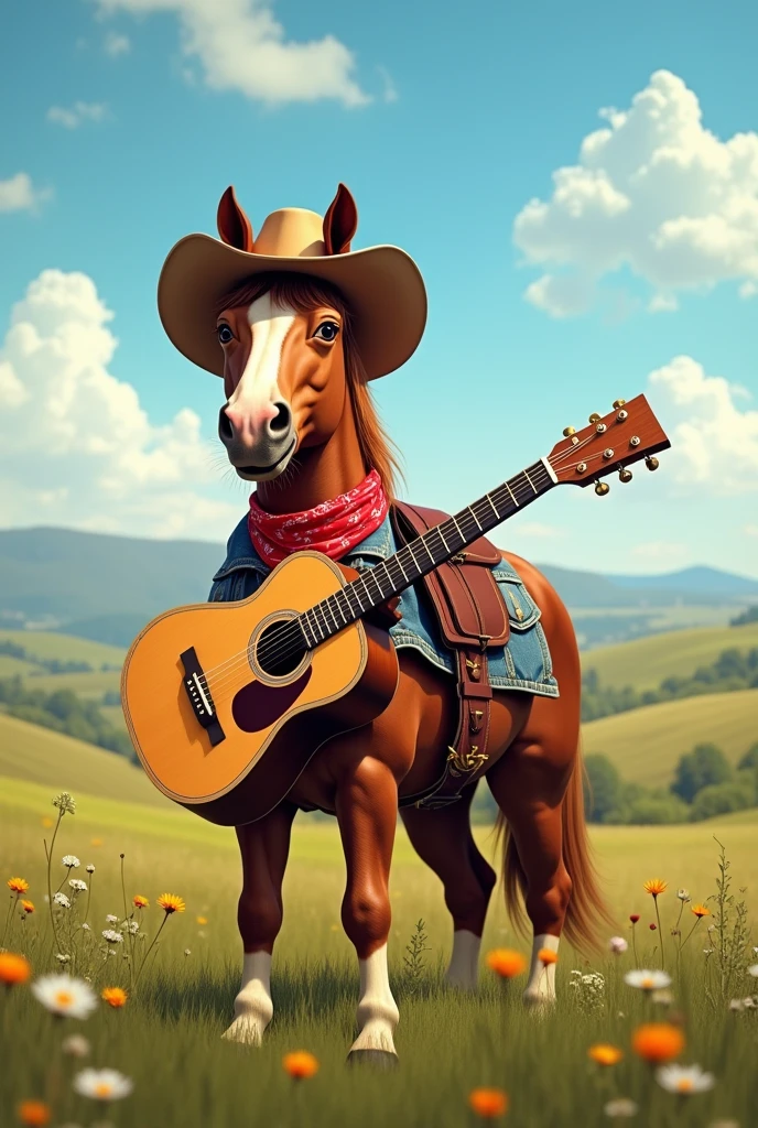A brown country singer horse with a guitar, cowboy hat and cowboy outfit