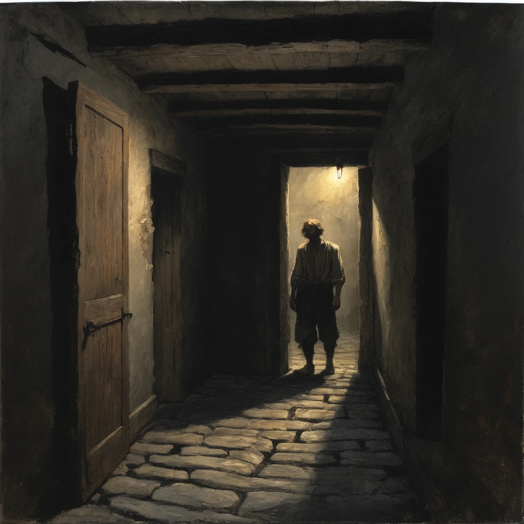 NIGHT TIME DARK view from behind 15th century sweaty man Winslow Homer Style, oil painting, 15th-century loser with greasy, shoulder-length hair and a patchy,scrawny , scraggly beard. His eyes are sunken with dark circles, and his clothes are tattered, stained, and hang loosely on his bony frame. neglected, unkempt appearance. walking down a dark hall way with a door at the end of it candle night timeA narrow, dimly lit stone hallway with worn cobblestone floors. Faded tapestries line the cold stone walls, depicting ancient battles. Flickering candle sconces cast long, eerie shadows. The air is thick with the scent of old wood and damp stone. The ceiling is low with darkened wooden beams overhead. At the end, a weathered oak door with iron hinges creaks ominously, the handle smooth from years of use, set in a slightly crooked doorframe. The atmosphere is heavy and oppressive, filled with a sense of foreboding.