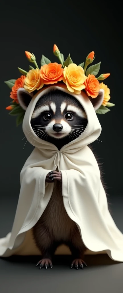 A delightful and imaginative 3D render of a baby raccoon dressed in a whimsical ghost costume. The raccoon has a cheerful expression, wearing a flowing white sheet that billows around its . Its two round, black eyes and bright smile add to the enchanting charm of the image. Perched above its head is a vibrant, eye-catching wreath adorned with a diverse assortment of flowers in warm hues, interwoven with lush greenery. The deep black background creates a striking contrast, allowing the raccoon and its accessories to truly stand out. This captivating piece is a testament to the artist's skill in combining fashion, conceptual art, and 3D rendering techniques., photo, conceptual art, fashion, 3d render