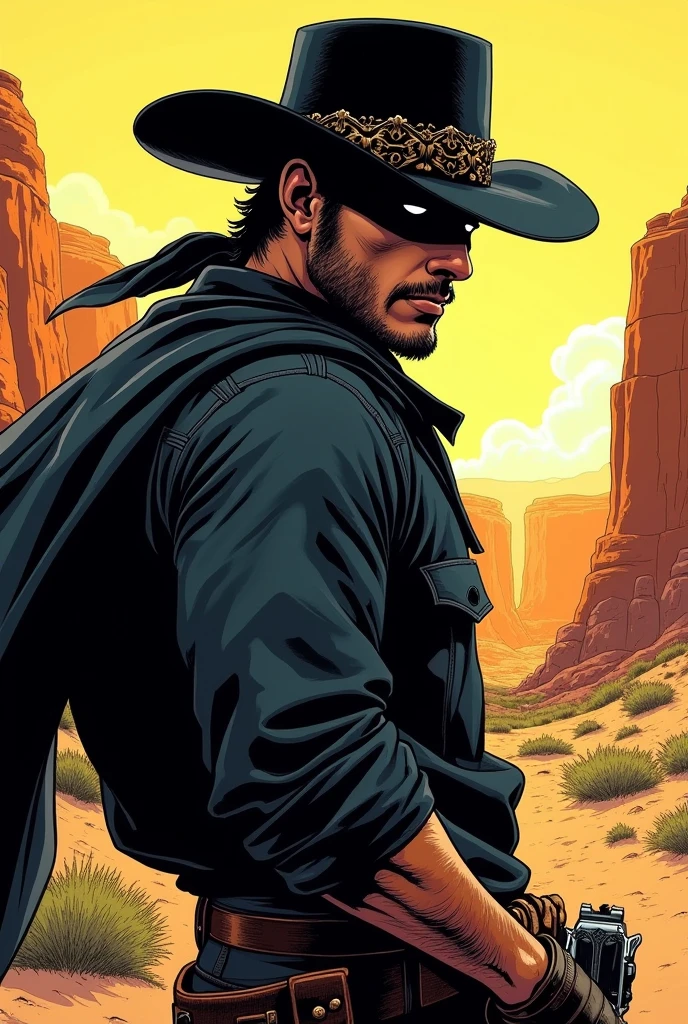 profile pic/manga face (アニメ): American OLD West Cowboy, black bandana, black hat with iron details, dark clothes, a holster with a Peacemaker revolver.