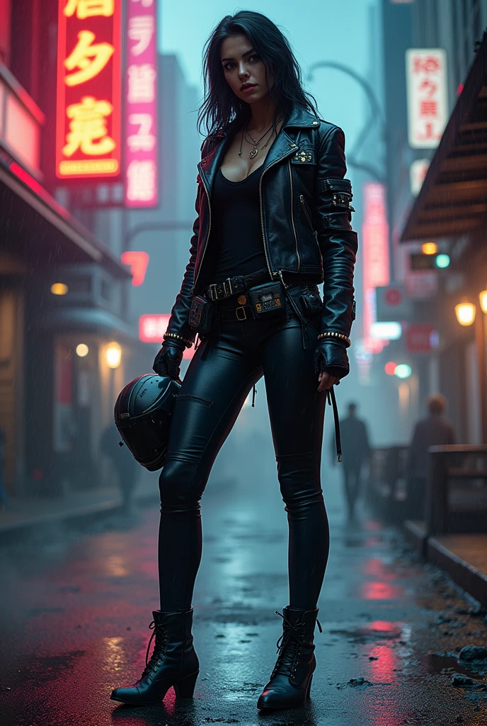 bounty hunter in latex leggings and a leather jacket