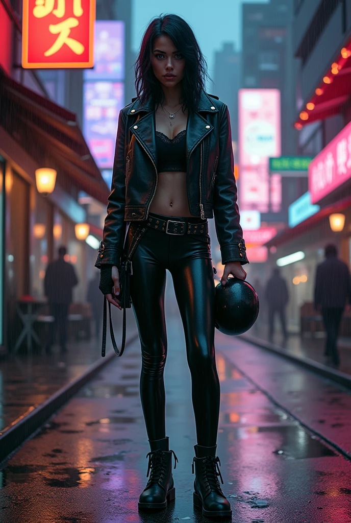 bounty hunter in latex leggings and a leather jacket
