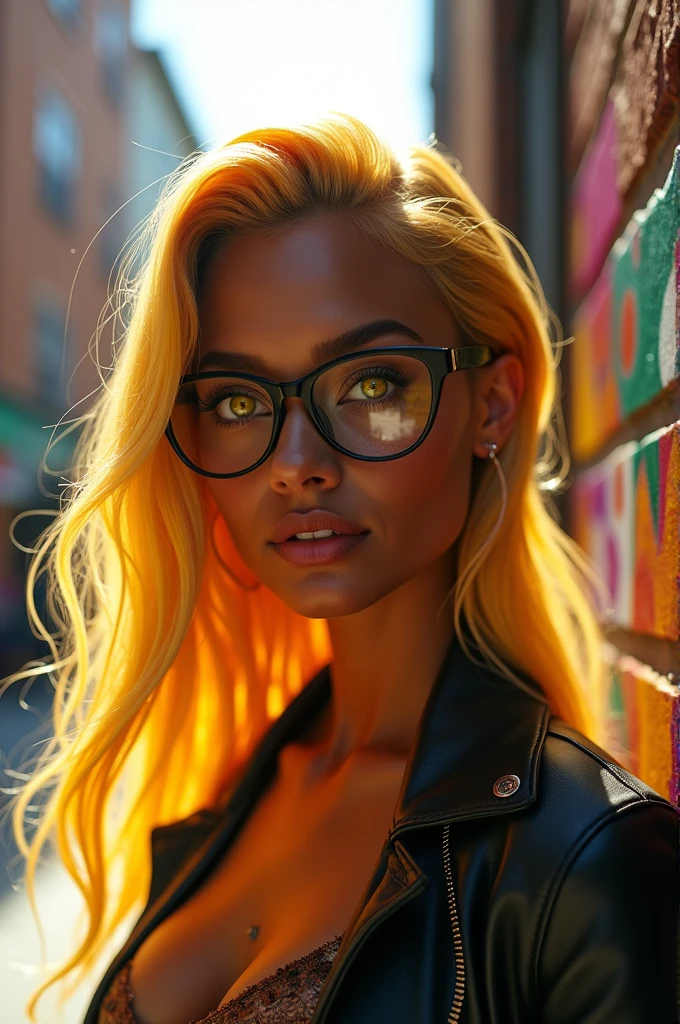 Make me a blonde with brown skin, yellow eyes and black glasses