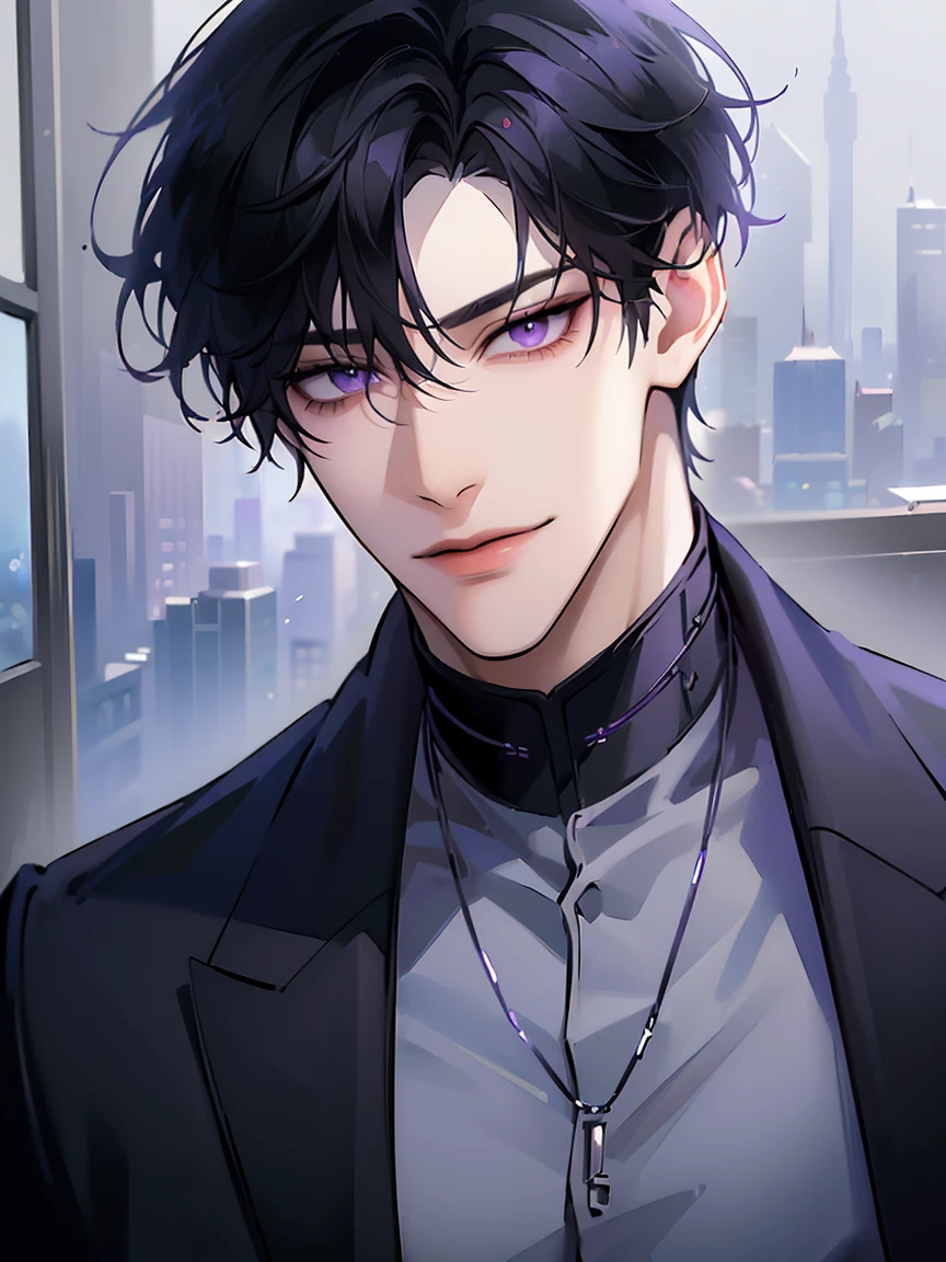 (masterpiece, 8k, high quality, best quality:1.6), 1boy, solo, short hair, black hair, asymmetrical fringe, purple eyes, handsome, sharp eyes, (mature male, mature:1.2), male focus, fashionable, tucked in open purple collared shirt, gray pants, necklace, close up, smile, long eyelashes, soft shadows, perfect anatomy