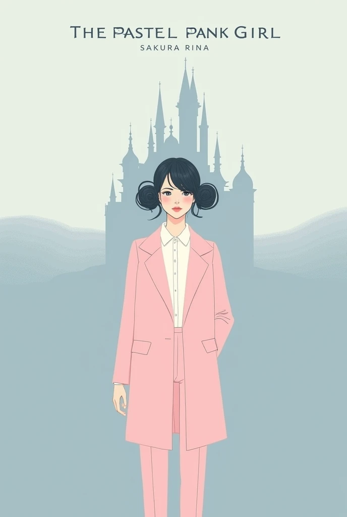 The Pastel Pink Girl cover by the Japanese artist Sakura Rina depicts a female figure in a pastel pink coat and pants with her hair in space buns and a contemplative look., highlighted in front of a castle in blue and gray. The minimalist design uses a muted palette and includes subtle details to reflect the betrayal and disillusionment of the lyrics.. The title is displayed in a stylish font, with the artist's name positioned in a complementary way.