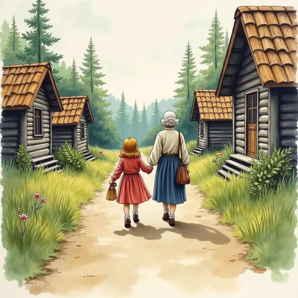  Watercolour drawing of small 5 years okd girl and her old grandmother walking through few wooden hauses in small village to the forest in 1945 year in Lithuania. They keeps hands and girl has a bag in one hand. They are talking. The view shoul be from back side of them. 