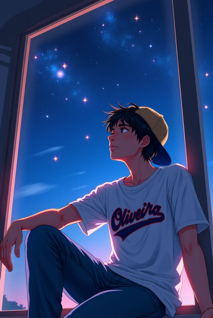 Create a man with a white shirt with name: Oliveira written in red and blue jeans sitting by the window watching the stars with a backwards cap, anime styling