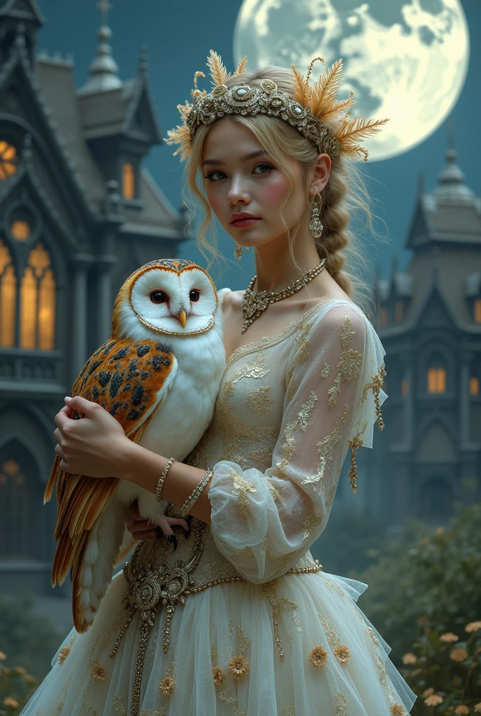 Photo a young woman with fair skin and delicate facial features, dressed in an elaborate, shimmering costume adorned with feathers and intricate beadwork. She is holding a barn owl with a white face and brown speckled feathers. The background showcases a gothic-style building with ornate architecture, and a large, glowing full moon is prominently visible in the sky, adding a mystical ambiance to the scene. The overall color palette is soft and ethereal, with hues of white, silver, and pale gold.