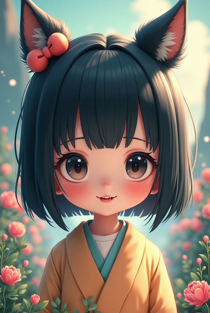 black hair, hair bobbles, wince, longeyelashes, solid circle eyes, fake animal ears, light smile, ear blush, fang, ccurate, best quality wearing clothes, dressed, Surrealism, drop shadow, anaglyph, stereogram, tachi-e, pov, atmospheric perspective, 8k, super detail