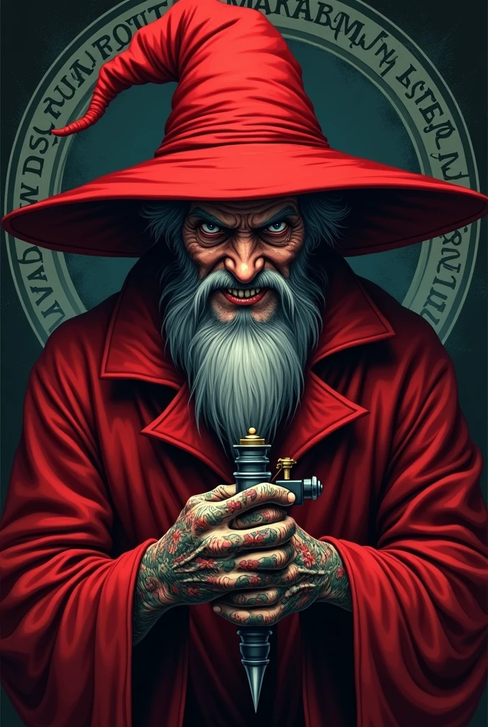 Create an anime character design for an old male wizard with an evil face holding a tattoo machine for a tattoo studio logo. His name is Bruxo, he wears red clothes and has tattoos. The image should only be from the chest up. , He has a big red anime wizard hat,