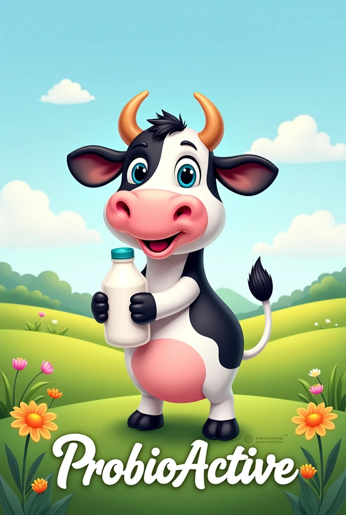 Cute animated black and white cow with long eyelashes holding a bottle of milk below with the word ProbioActive in cursive