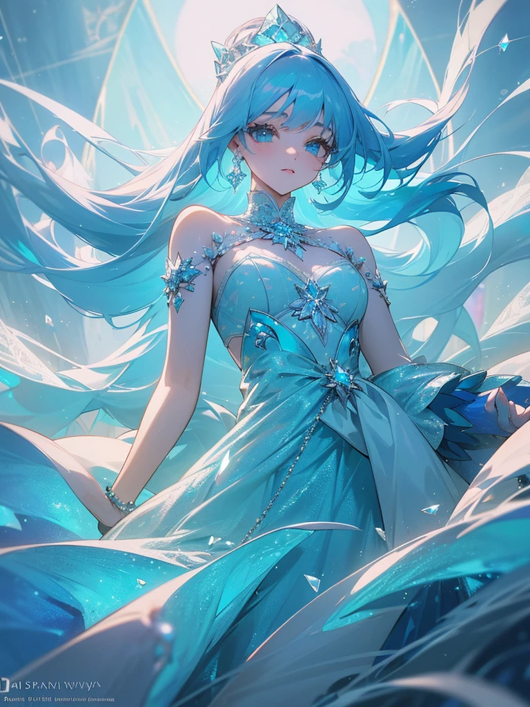 A 24 year old girl, of bright sky-blue hair like a crystalline blue river, crislin emerald eyes like sparkling gems, with delicate and fine features and a beautiful lace dress, quite revealing and water-colored, adorned with pearls and crystal roses.
