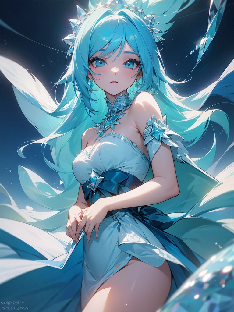 A 24 year old girl, of bright sky-blue hair like a crystalline blue river, crislin emerald eyes like sparkling gems, with delicate and fine features and a beautiful lace dress, quite revealing and water-colored, adorned with pearls and crystal roses. 