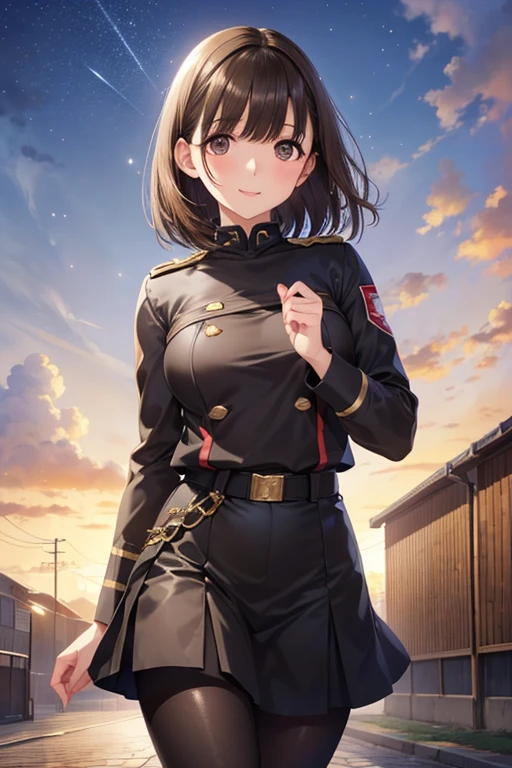 anegasaki nene、Shiny brown hair, short hair, (Beautiful brown eyes、Sparkling eyes, Fine grain)、smile、Ultra-detailed eyes、Highly detailed face, Highly detailed eyes,
(high quality, High resolution, The finer details), Anime, Short hair with bangs, Big Tights, Narrow waist, Wearing military uniform