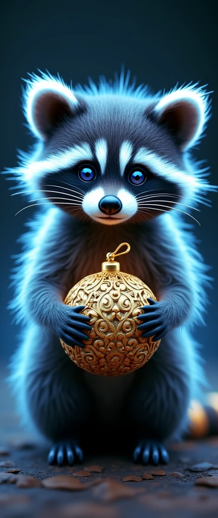 A mesmerizing conceptual 3D render of a baby raccoon with striking blue eyes and a captivating luminescent blue aura. The intricate fur patterns and the raccoon's intense gaze draw the viewer's attention. It delicately holds a golden, ornate pattern that wraps around its body, seamlessly blending with its fur. The dark background highlights the raccoon's design, evoking a sense of elegance, mystique, and whimsy, immersing the viewer in a fantastical world., photo, conceptual art, 3d render