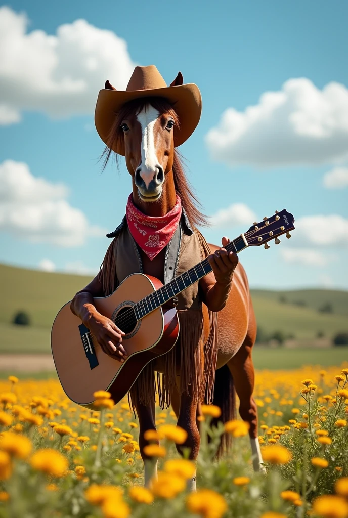 A brown country singer horse with a guitar, cowboy hat and cowboy outfit