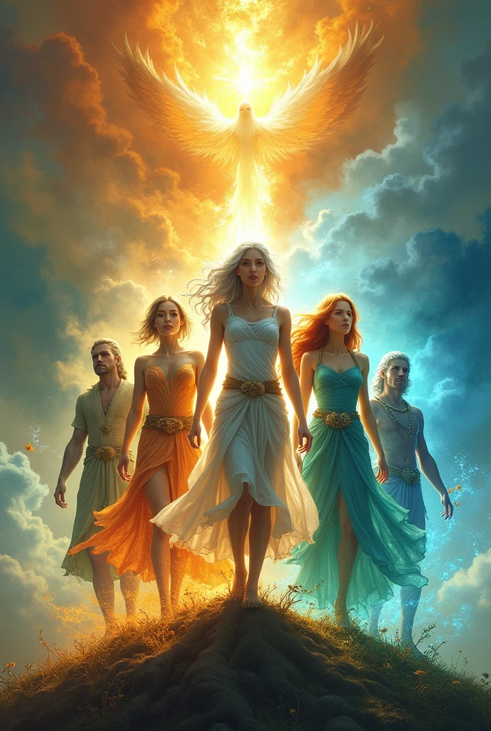 A cover for a book called the Guardians of Light "The Quest for the Guardians"
which features 3 women on the cover, one with dominion over the earth, another over the light and the other woman over fire, another man with dominion over water and another with dominion over air, as well as another with dominion over darkness, and in the background are large mystical figures with dominion over the elements 